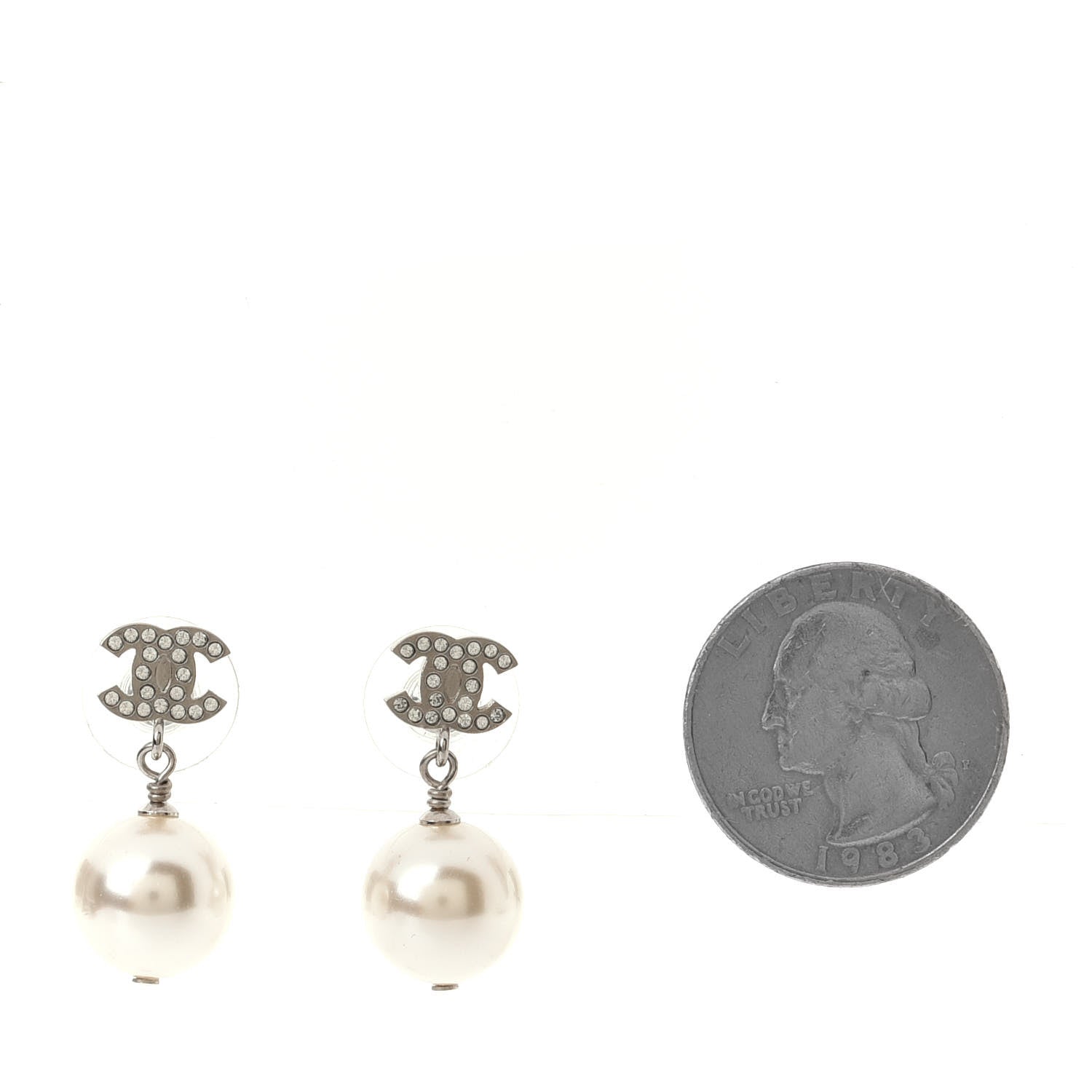 Chanel Crystal Pearl CC Drop Earrings Silver Pearly White 2 of 4