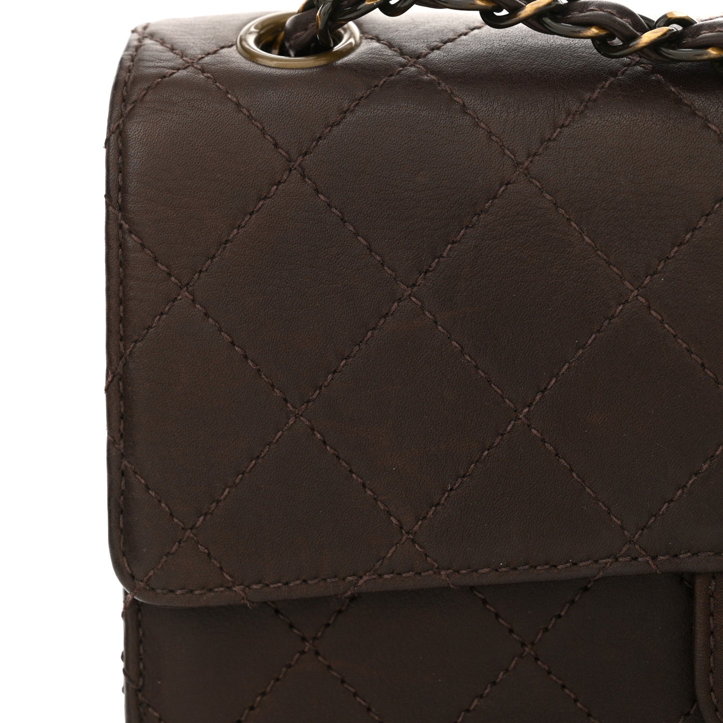 Lambskin Quilted Single Flap Dark Brown