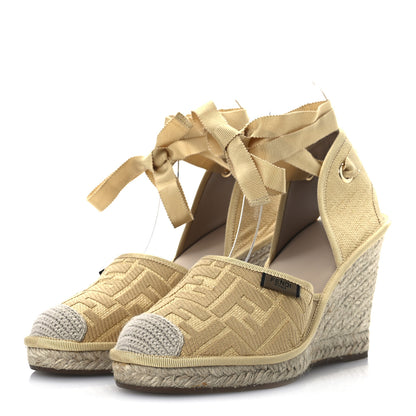 Fendi Canvas FF Embroidered Roma Ankle Wrap Wedge Espadrilles 40 Natural 4 of 12
