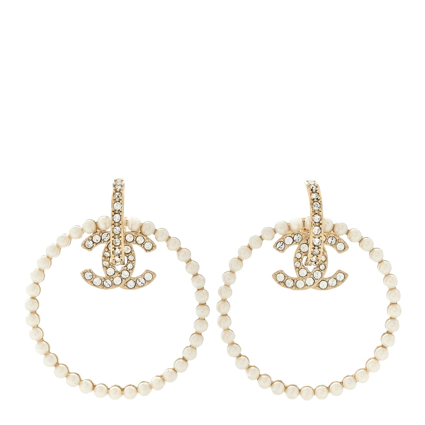 Crystal Pearl CC Door Knocker Hoop Earrings Gold Pearly White