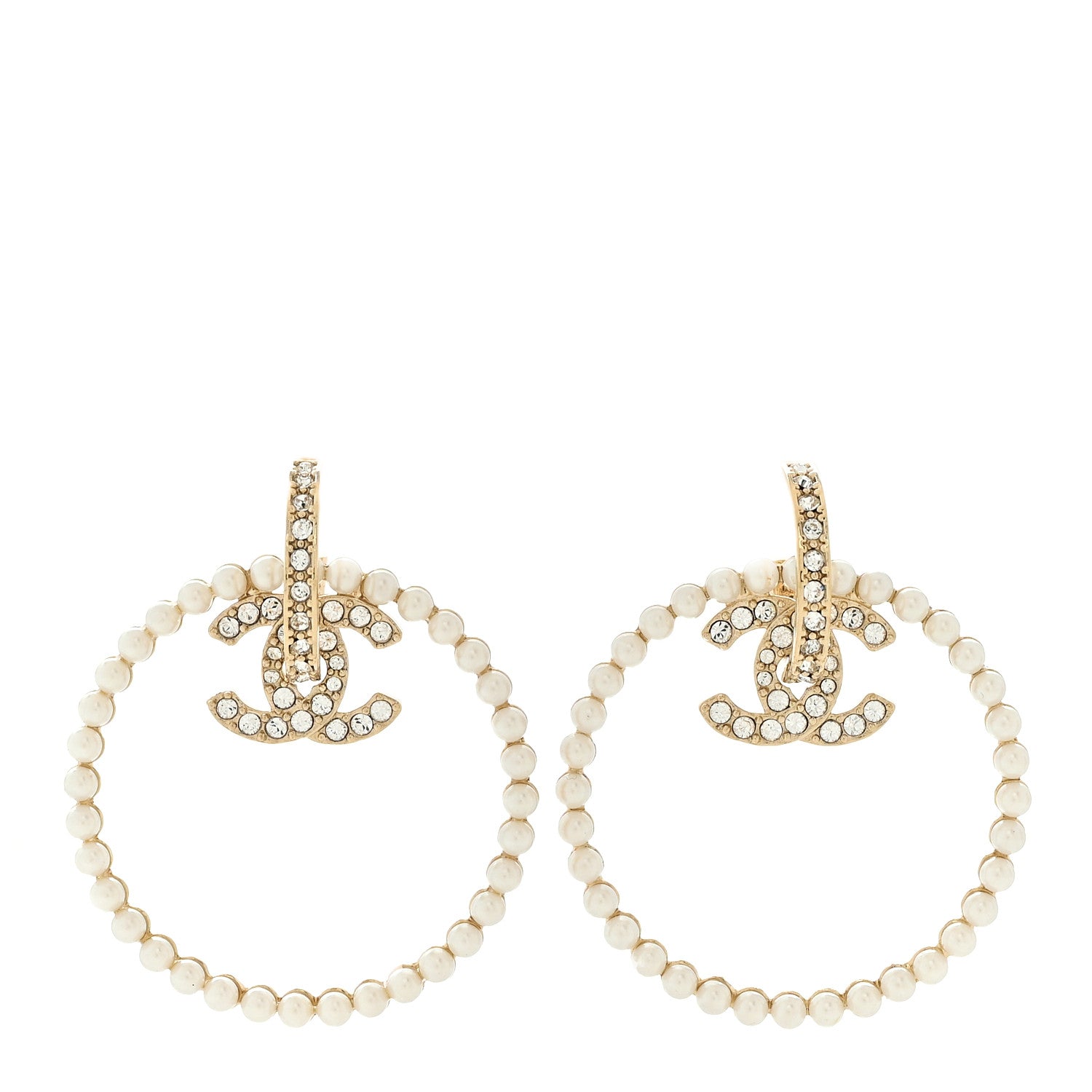 Chanel Crystal Pearl CC Door Knocker Hoop Earrings Gold Pearly White 1 of 4
