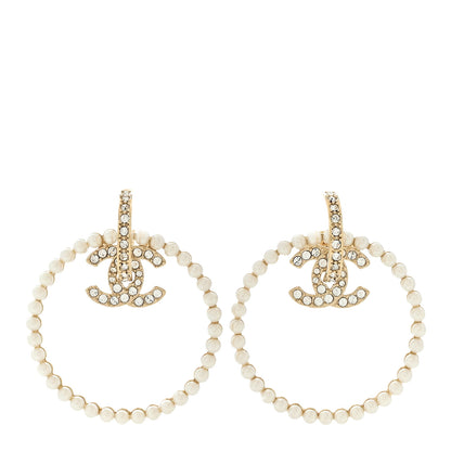 Chanel Crystal Pearl CC Door Knocker Hoop Earrings Gold Pearly White 1 of 4