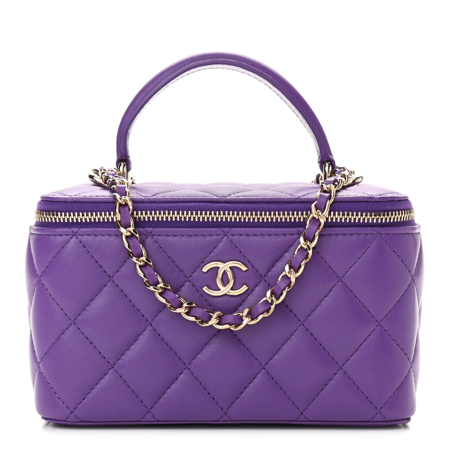 Lambskin Quilted Small Top Handle Vanity Case With Chain Purple