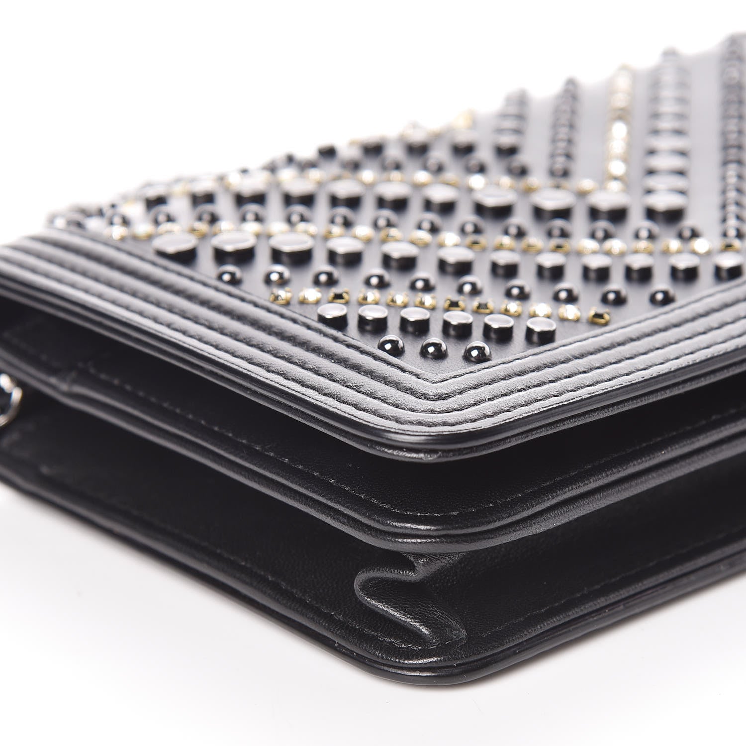 Chanel Calfskin Crystal Studded Chevron Boy Wallet On Chain WOC Black 5 of 17