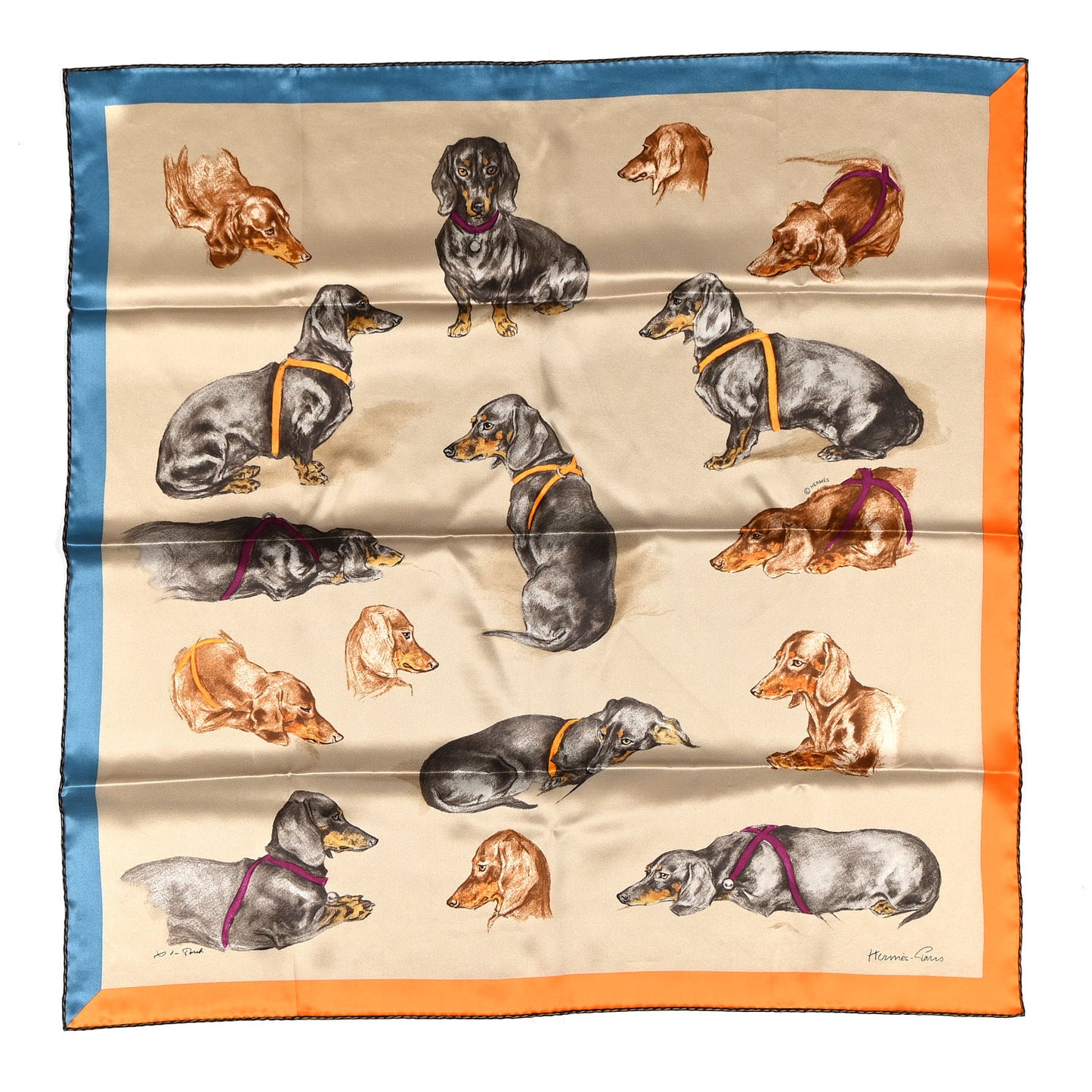 Silk Les Bassets Scarf 70 Beige Clair Gris Bluete