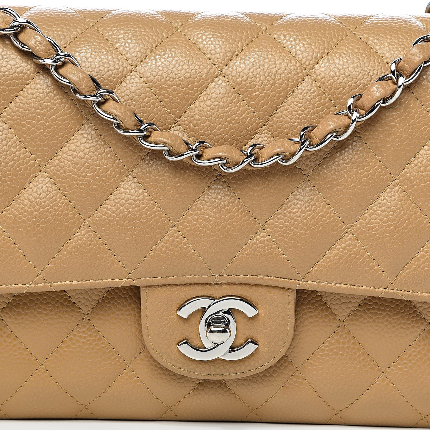 Caviar Quilted Medium Double Flap Beige