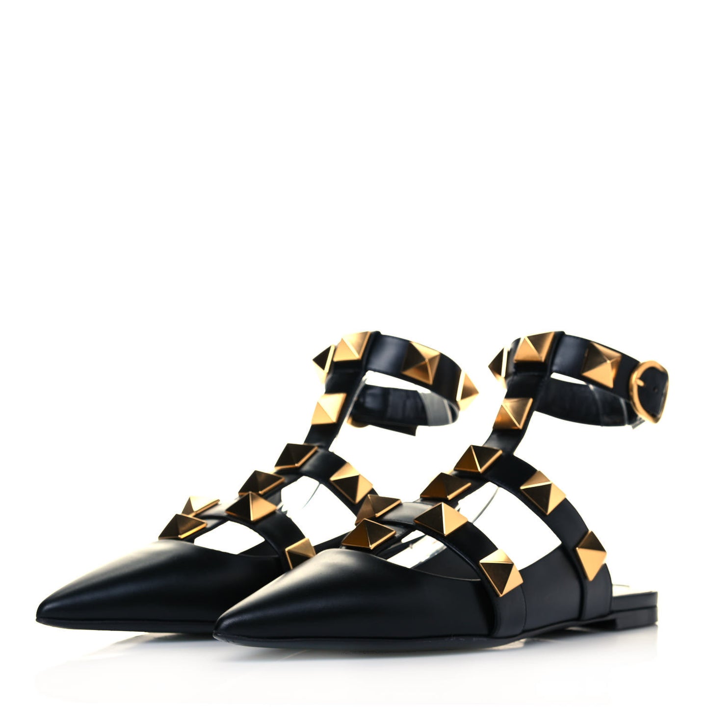Calfskin Roman Stud Ankle Strap Flat Mules 39.5 Black