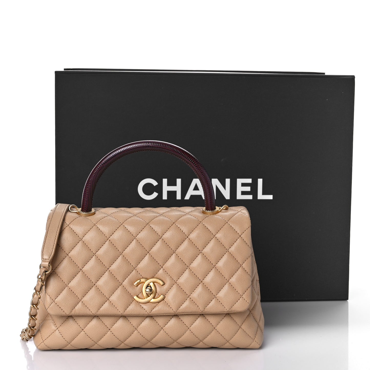 Caviar Lizard Embossed Quilted Small Coco Handle Flap Beige