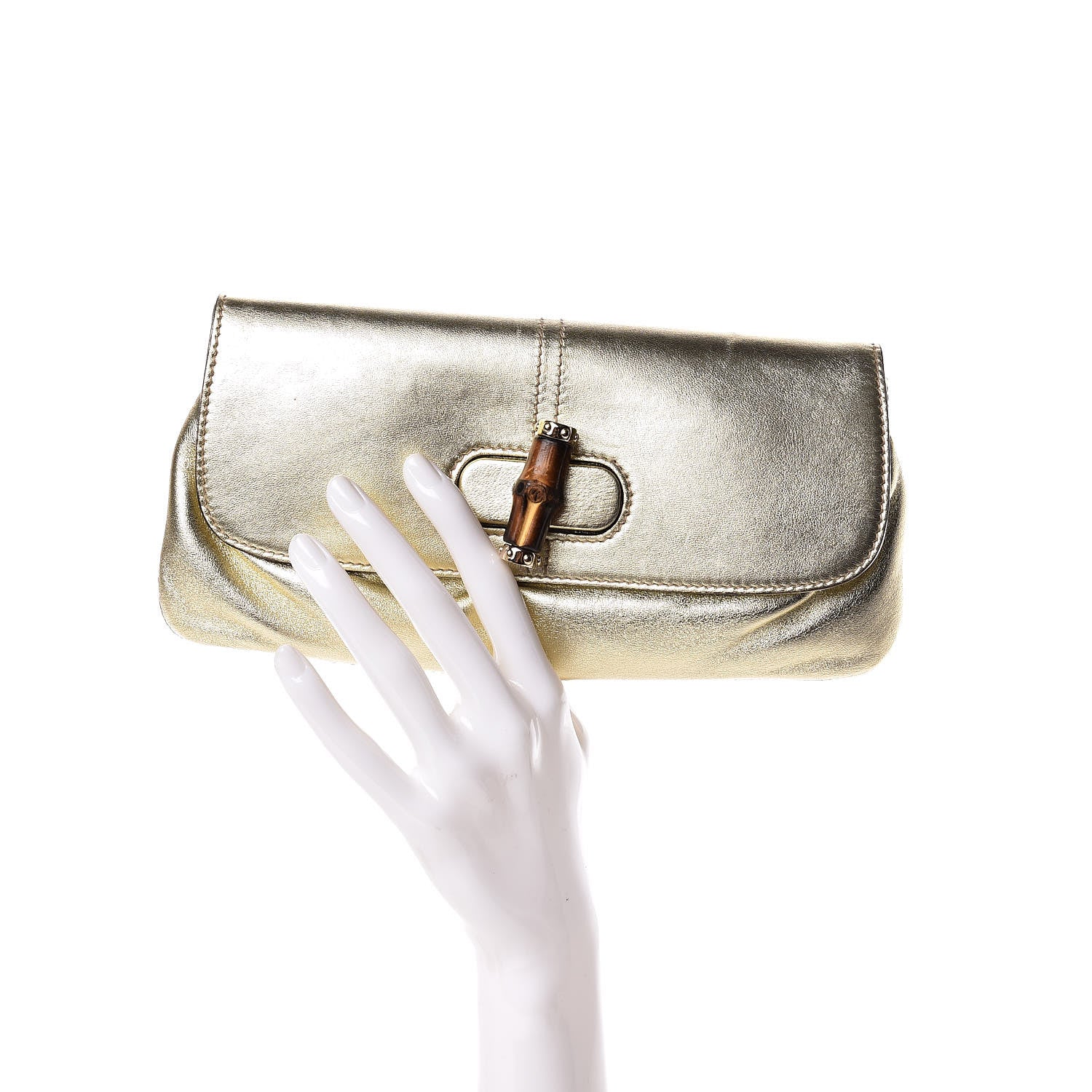 Gucci Metallic Calfskin Satin Bamboo Clutch Argento 2 of 7