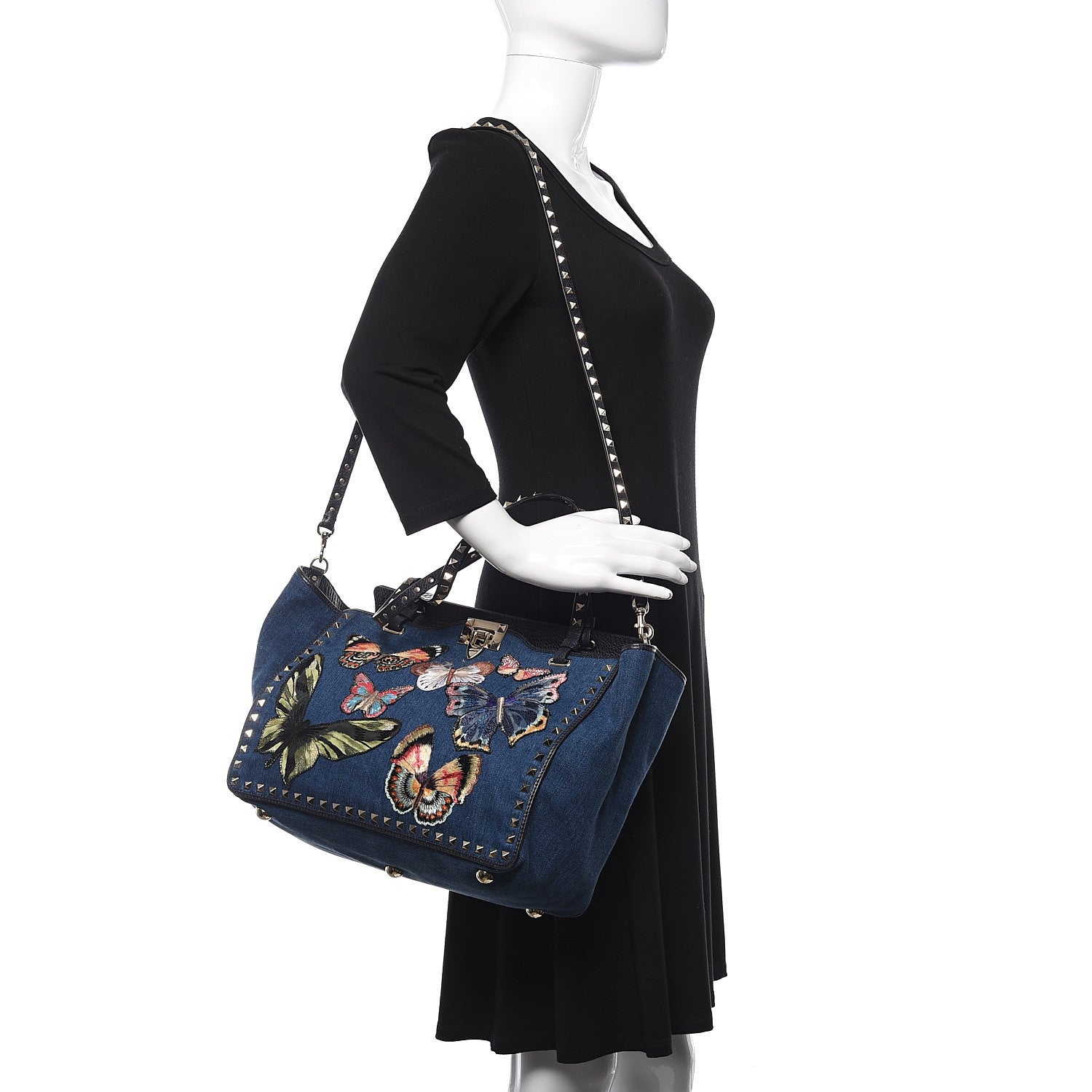 Valentino Garavani Denim Butterfly Embroidered Medium Rockstud Tote Light Denim Multicolor 2 of 9