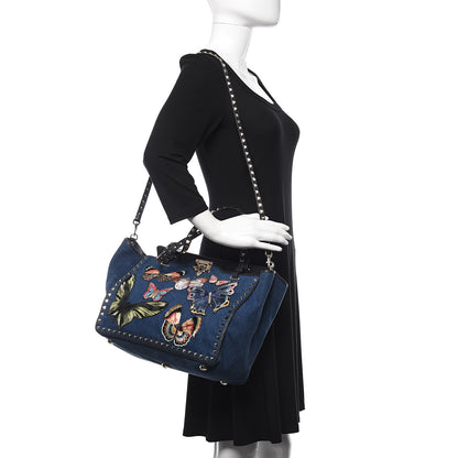 Valentino Garavani Denim Butterfly Embroidered Medium Rockstud Tote Light Denim Multicolor 2 of 9
