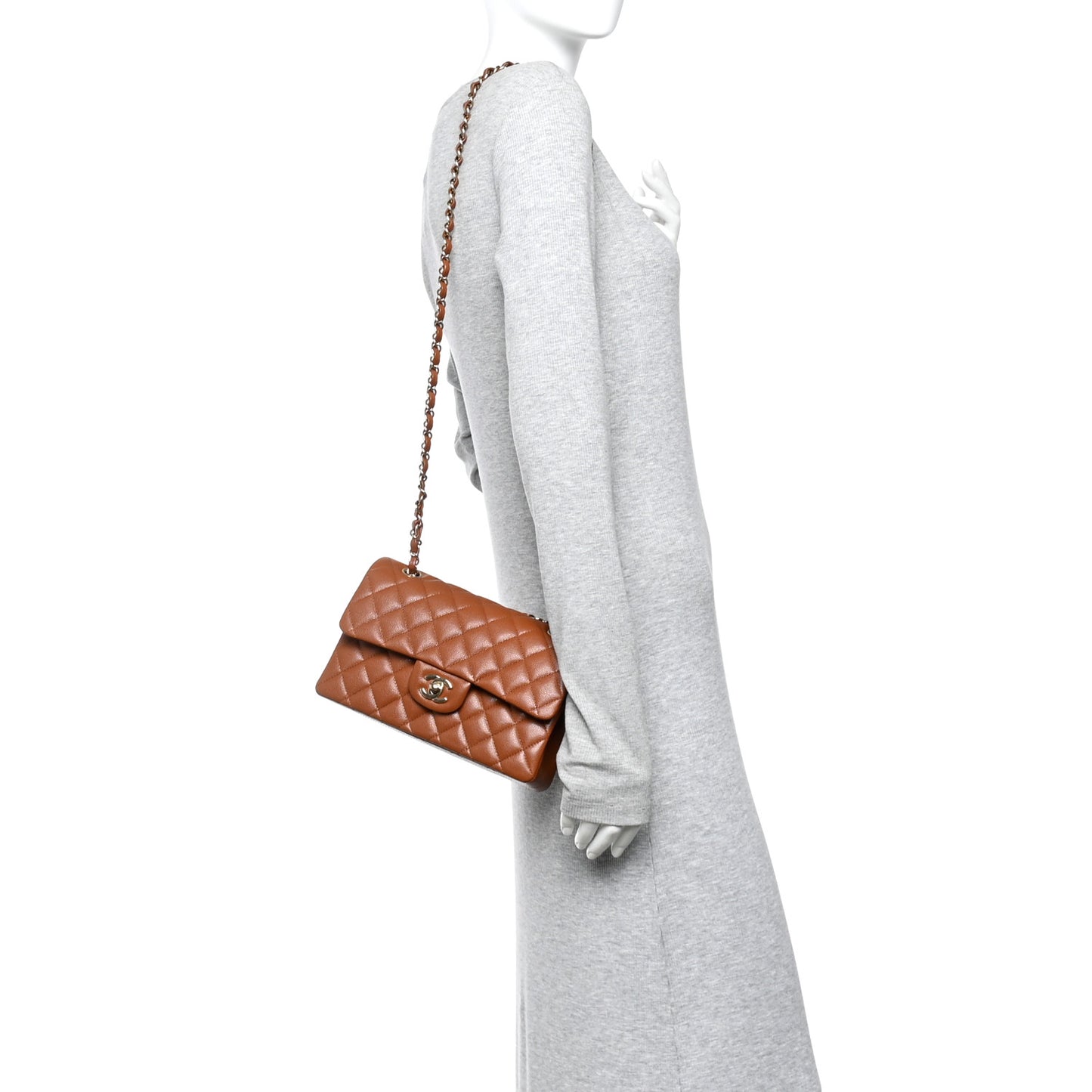 Caviar Quilted Small Double Flap Light Brown
