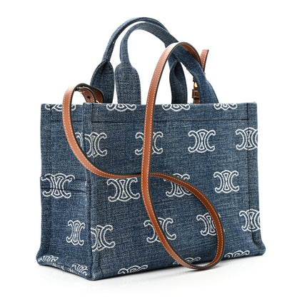 Celine Denim Calfskin Triomphe Print Cabas Blue Tan 3 of 9