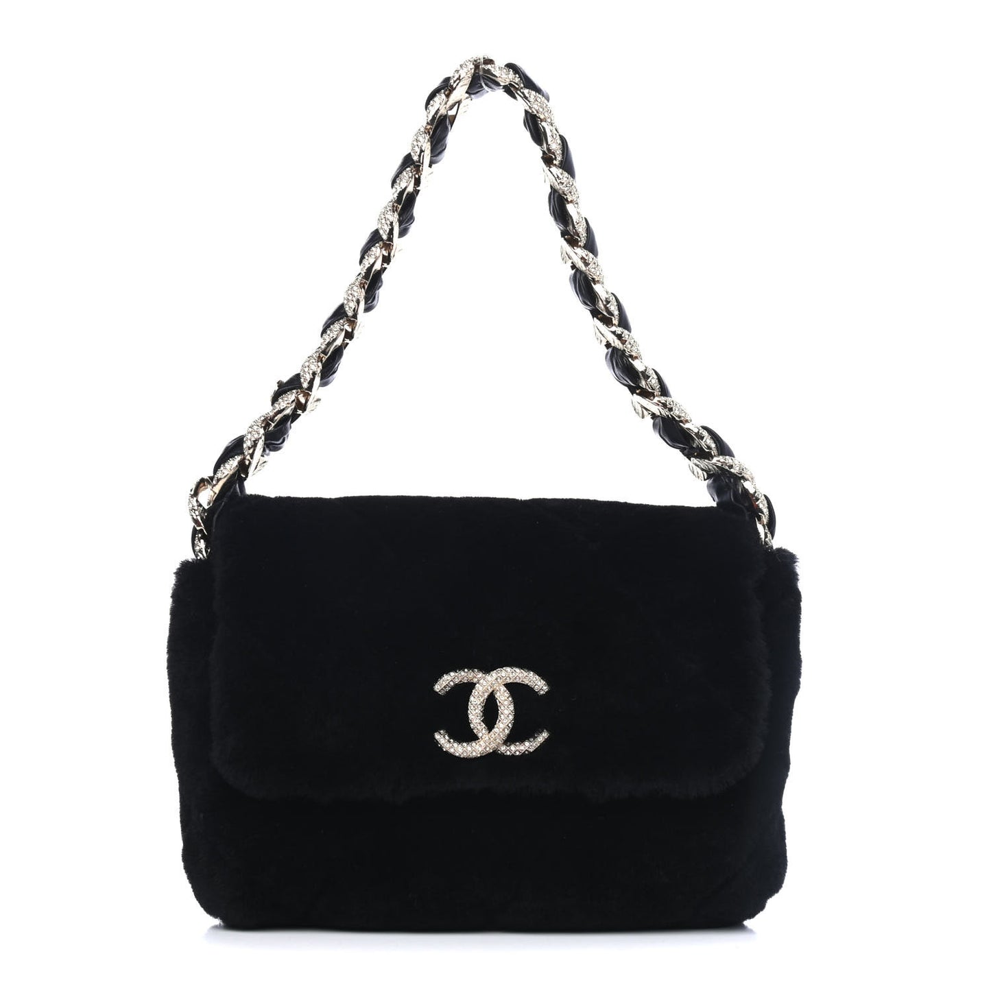 Shearling Lambskin Crystal Strass Flap Black
