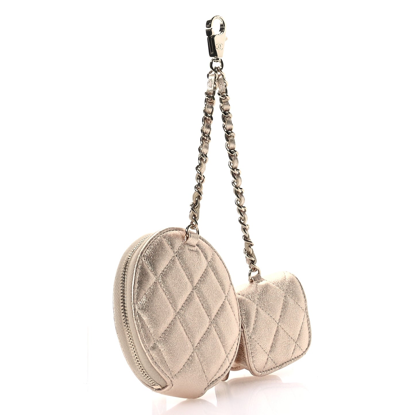 Metallic Lambskin Quilted Round Clip On Coin Purse Airpods Case Gold