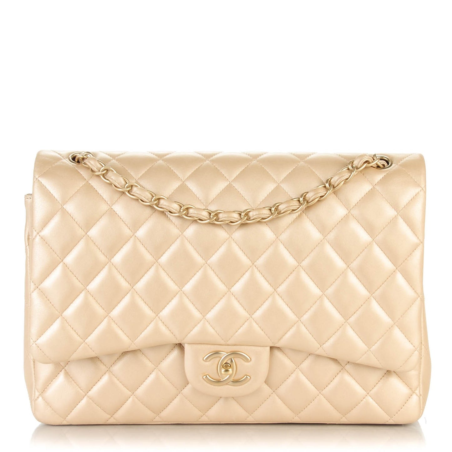 Metallic Lambskin Quilted Maxi Double Flap Pearl