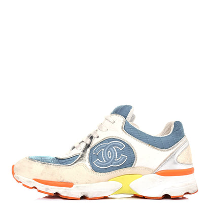 Chanel Suede Calfskin Fabric CC Sneakers 36.5 Blue White Orange 1 of 19