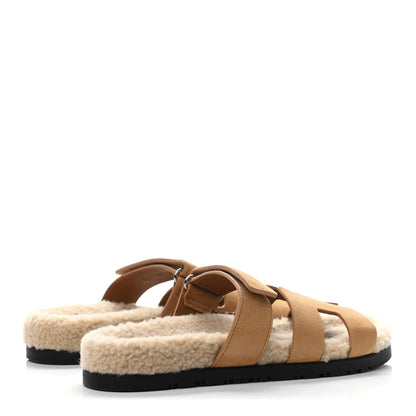 Hermes Suede Goatskin Woolskin Womens Chypre Sandals 38 Golden Beige 3 of 4