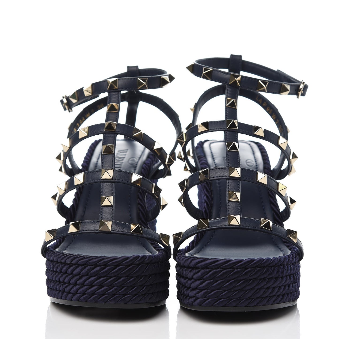 Calfskin Rockstud Ankle Strap Torchon Espadrille Caged Wedge Sandals 36 Navy Blue