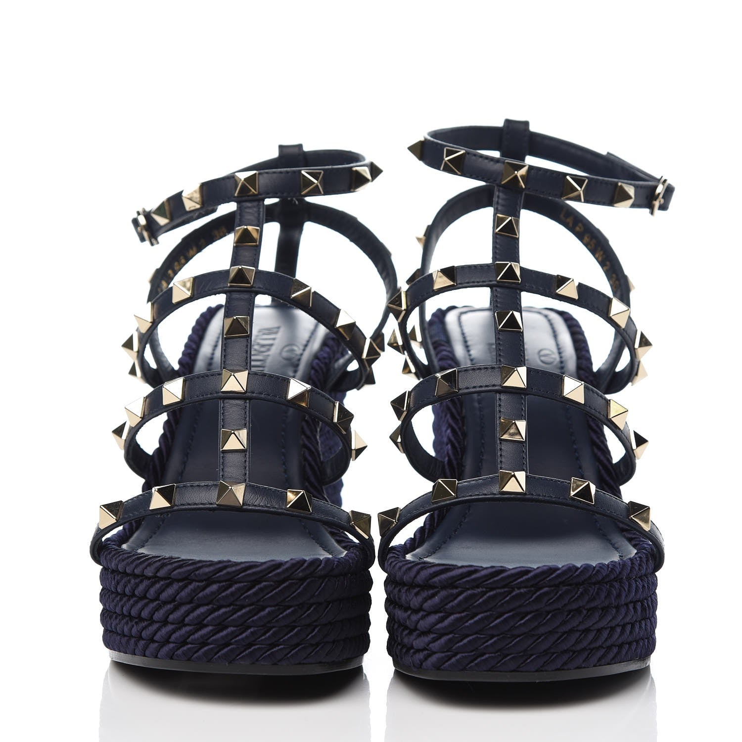 Valentino Garavani Calfskin Rockstud Ankle Strap Torchon Espadrille Caged Wedge Sandals 36 Navy Blue 2 of 8
