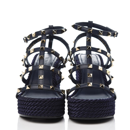 Valentino Garavani Calfskin Rockstud Ankle Strap Torchon Espadrille Caged Wedge Sandals 36 Navy Blue 2 of 8