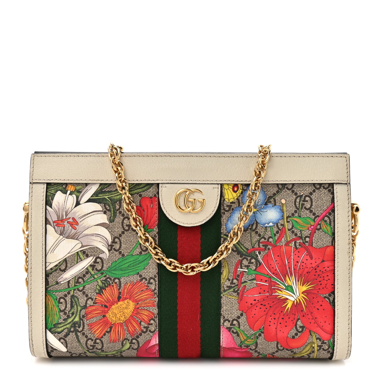 GG Supreme Monogram Flora Web Small Ophidia Chain Shoulder Bag White