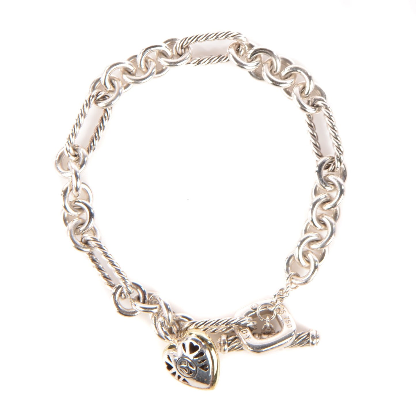 Sterling Silver 18K Yellow Gold Cable Heart Charm Bracelet