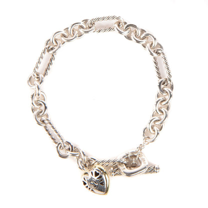 David Yurman Sterling Silver 18K Yellow Gold Cable Heart Charm Bracelet 1 of 6