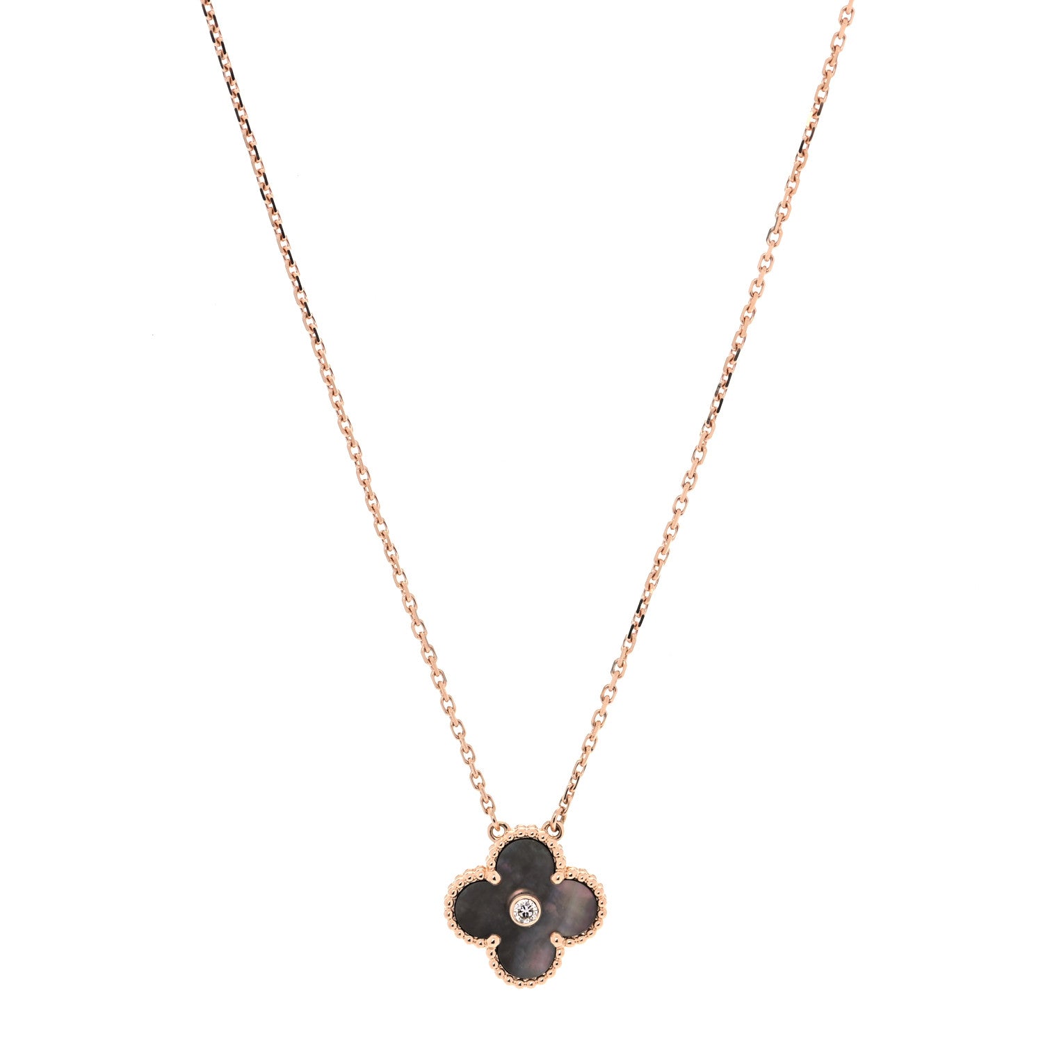 Van Cleef & Arpels 18K Rose Gold Diamond Grey Mother of Pearl Vintage Alhambra Pendant Necklace 1 of 6