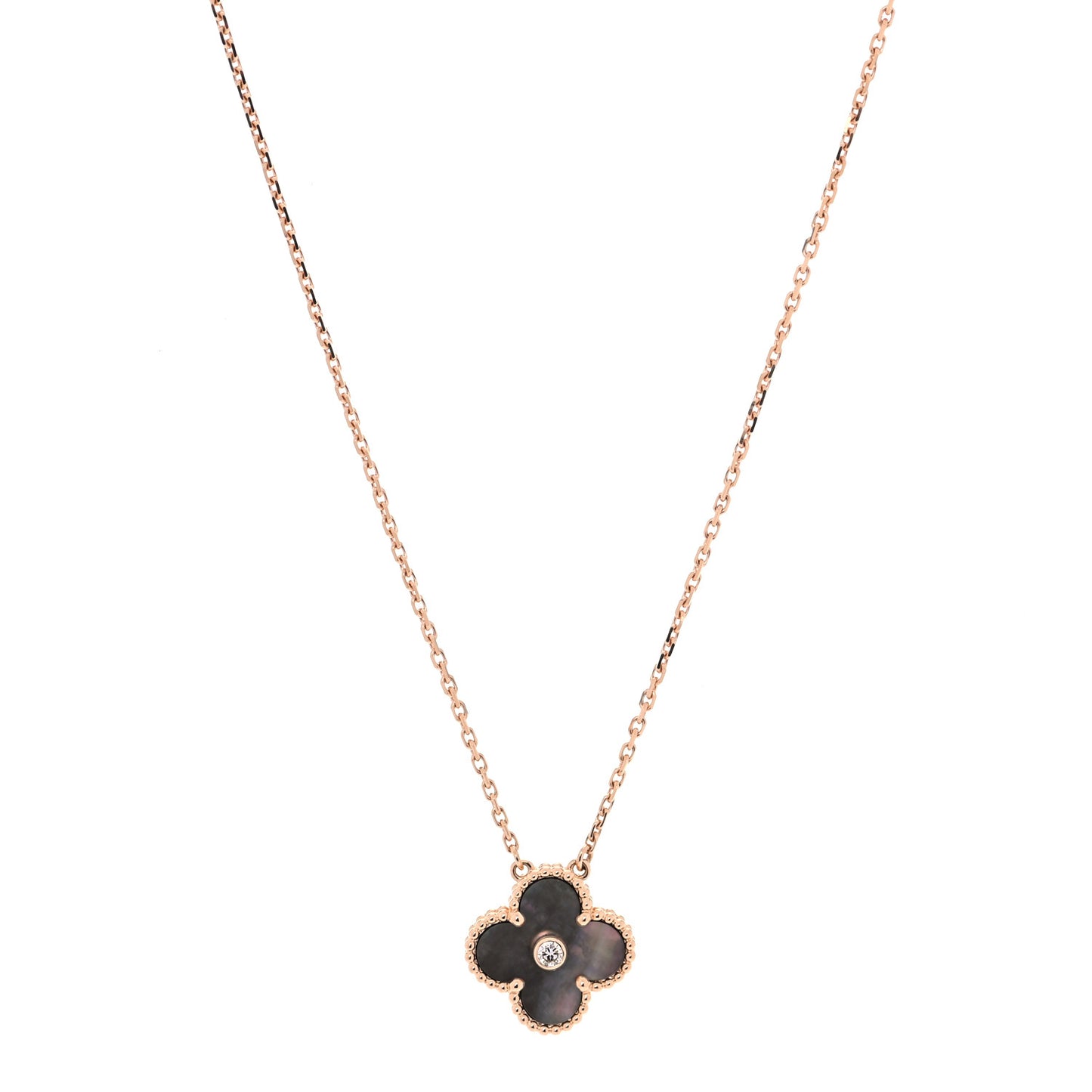 18K Rose Gold Diamond Grey Mother of Pearl Vintage Alhambra Pendant Necklace