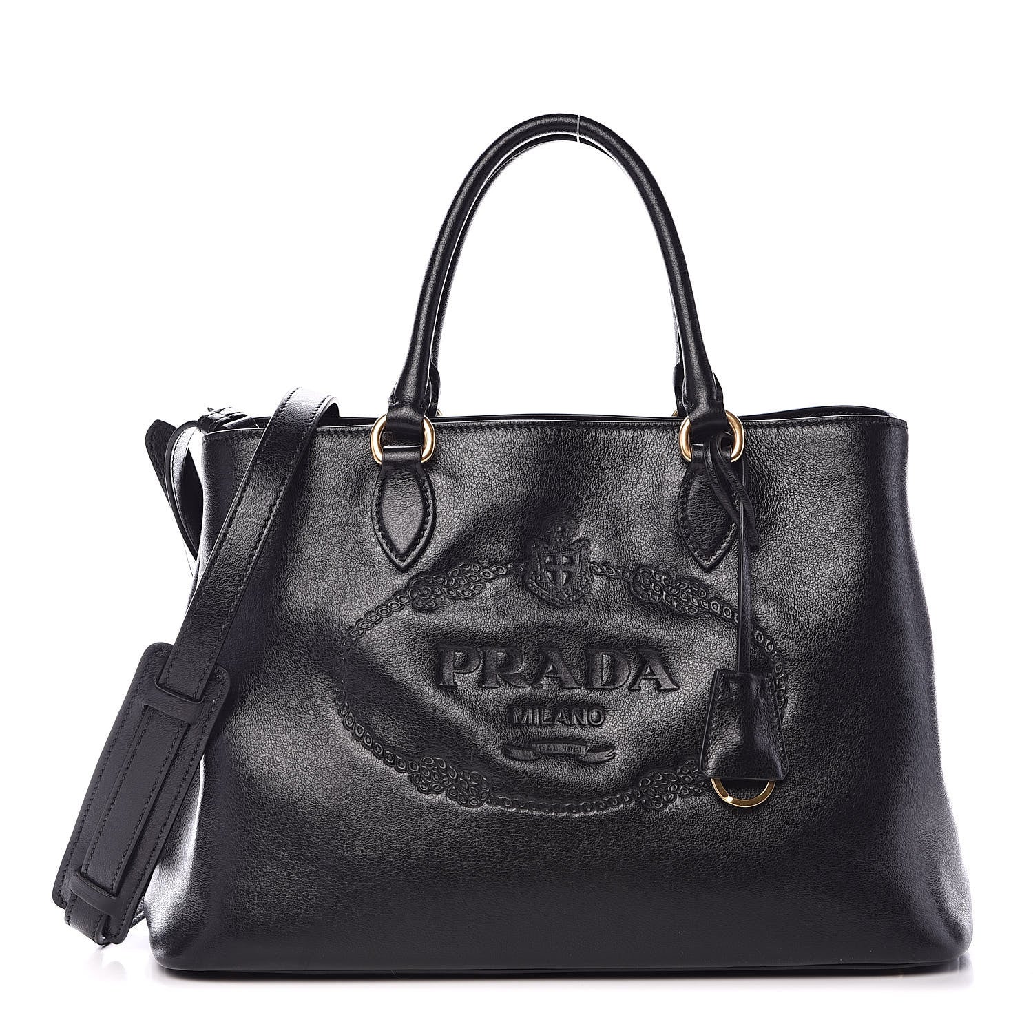 Prada Glace Calfskin Embossed Logo Tote Black 1 of 11