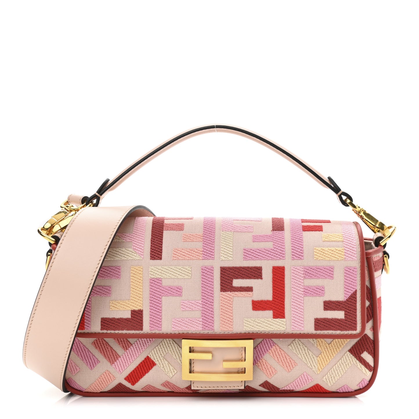 Canvas Vitello King FF Embroidered Baguette Rosa Quarzo Bloody Mary Multicolor