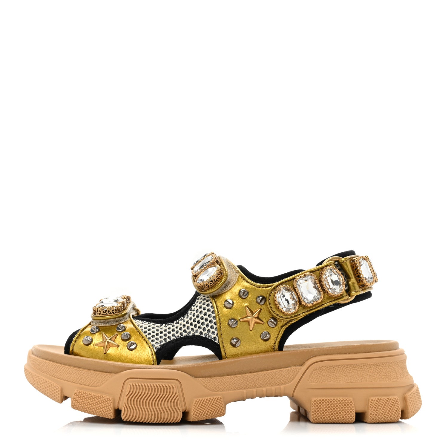 Gucci Silk Calfskin Mesh Crystal Embellished Studded Womens Aguru Sandals 37.5 Gold 1 of 9