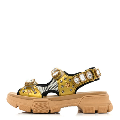 Gucci Silk Calfskin Mesh Crystal Embellished Studded Womens Aguru Sandals 37.5 Gold 1 of 9