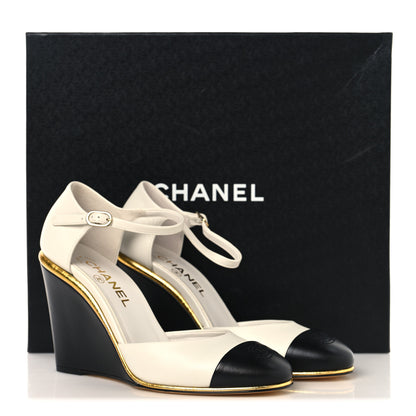 Chanel Lambskin Cap Toe Open Wedge 38 Black White 10 of 10