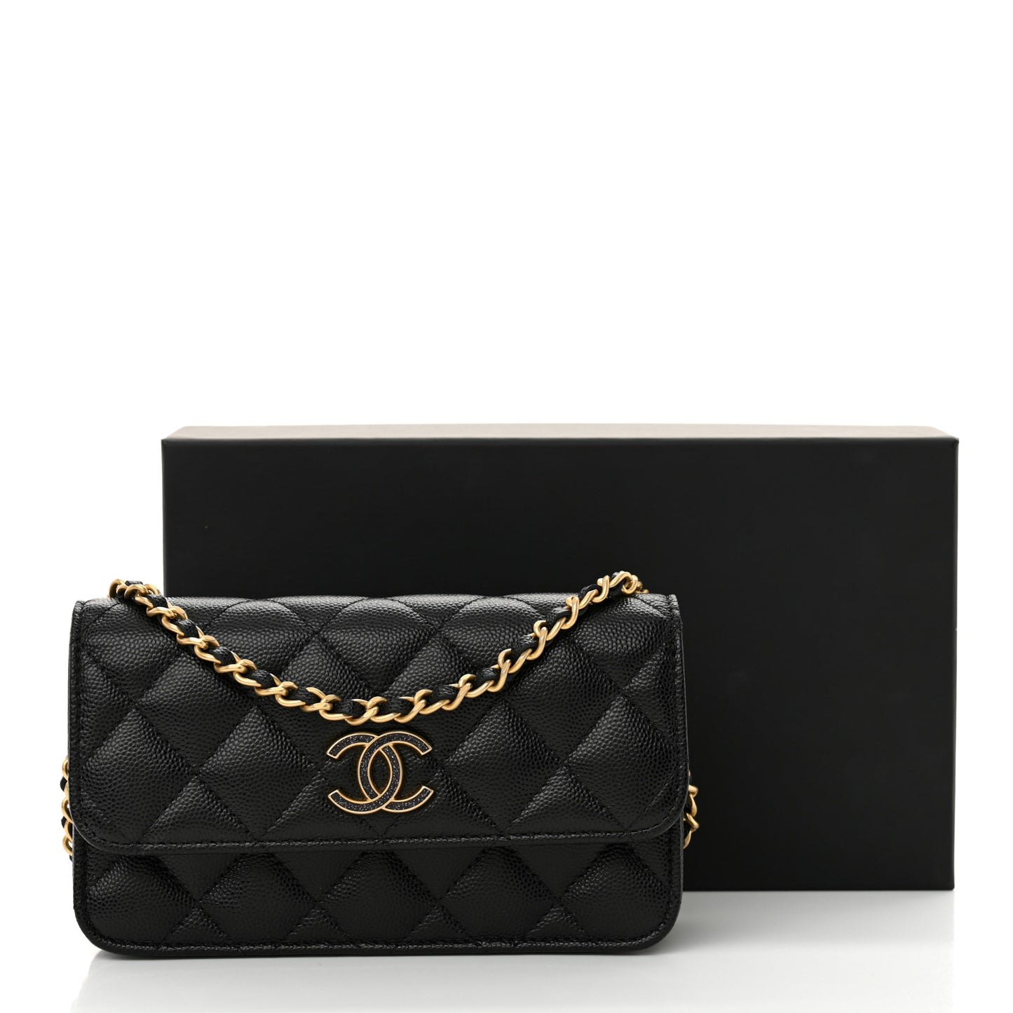 Caviar Quilted Glitter CC Roller Skate Wallet On Chain WOC Black