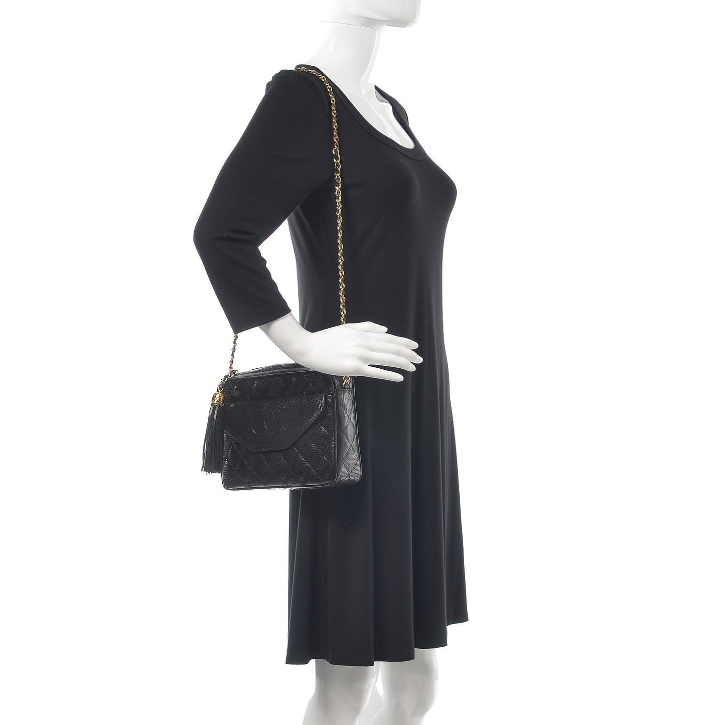 Lizard Quilted Small Tassel Camera Case Black