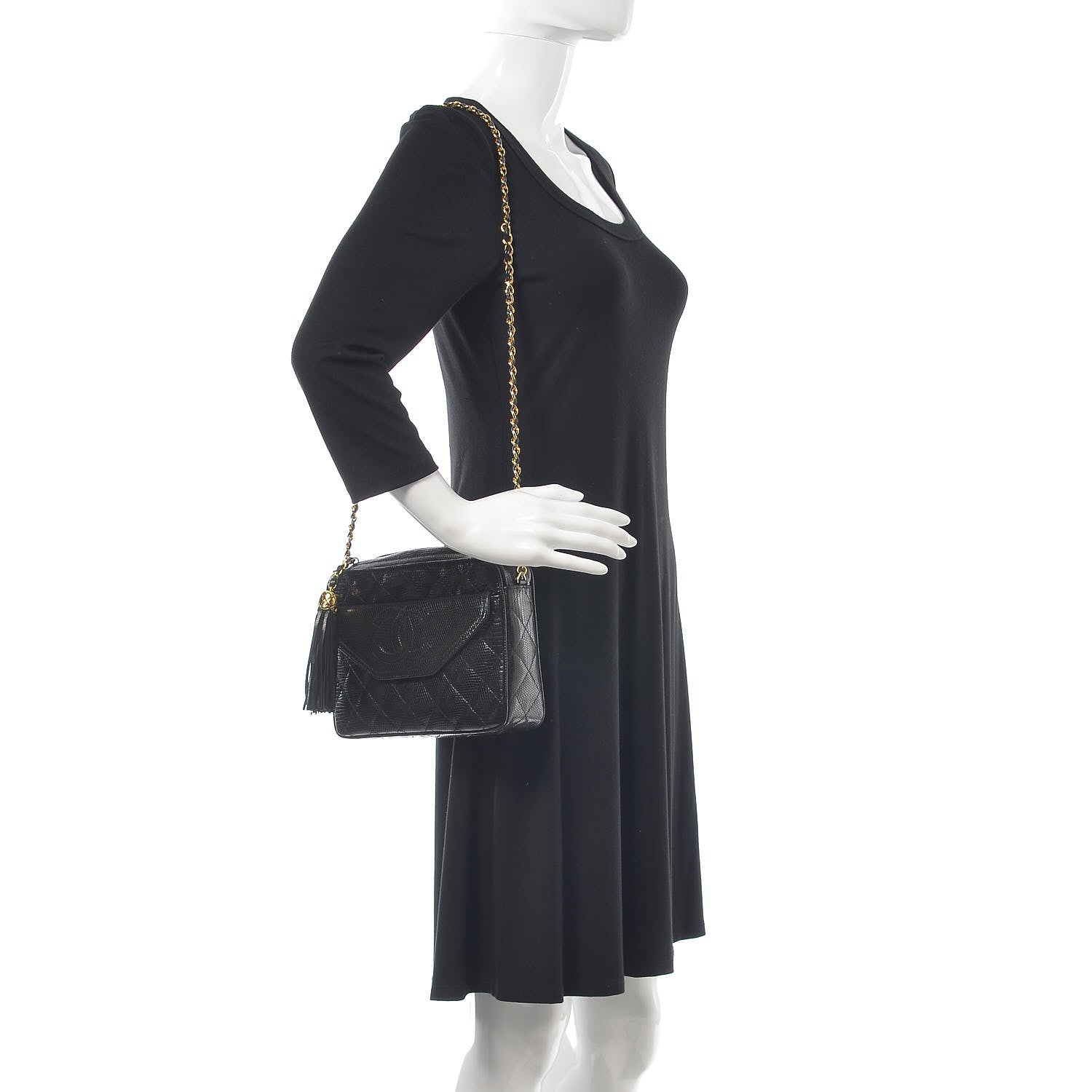 Chanel Lizard Quilted Small Tassel Camera Case Black 2 of 8