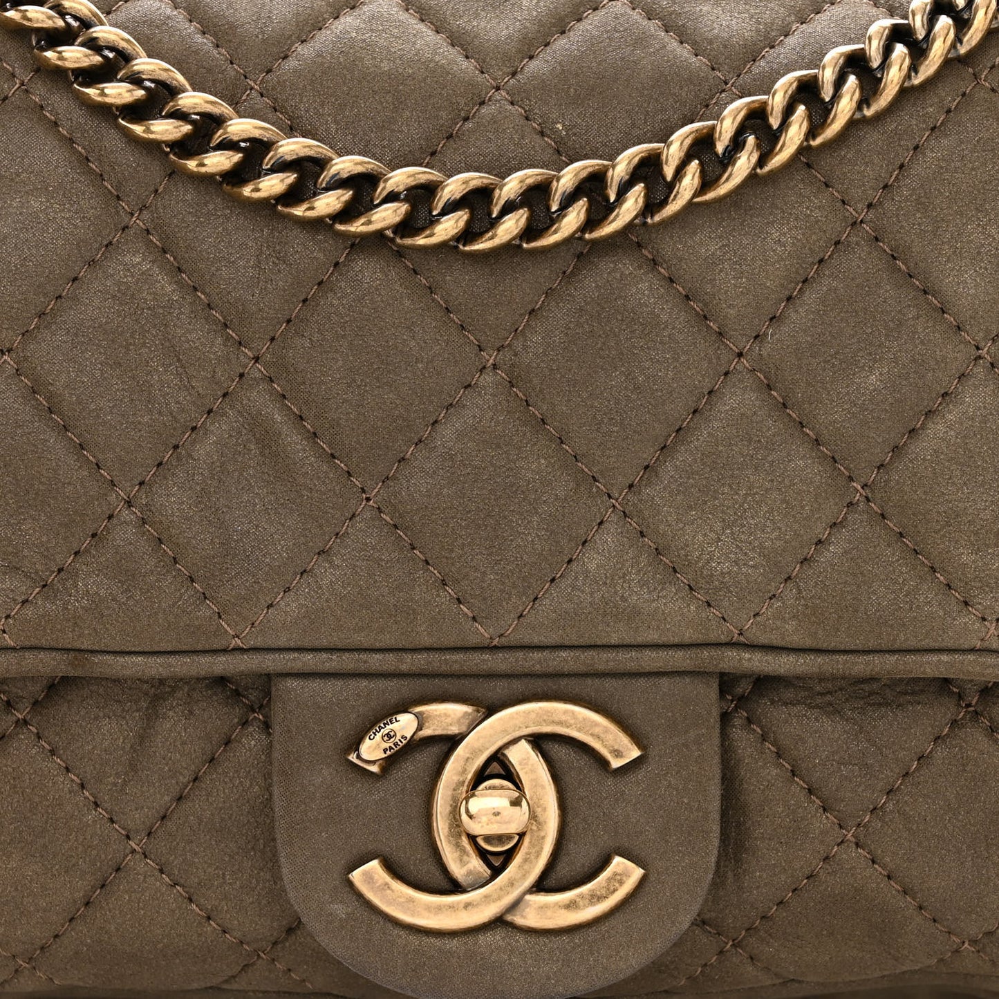 Iridescent Calfskin Quilted Small Shiva Flap Khaki