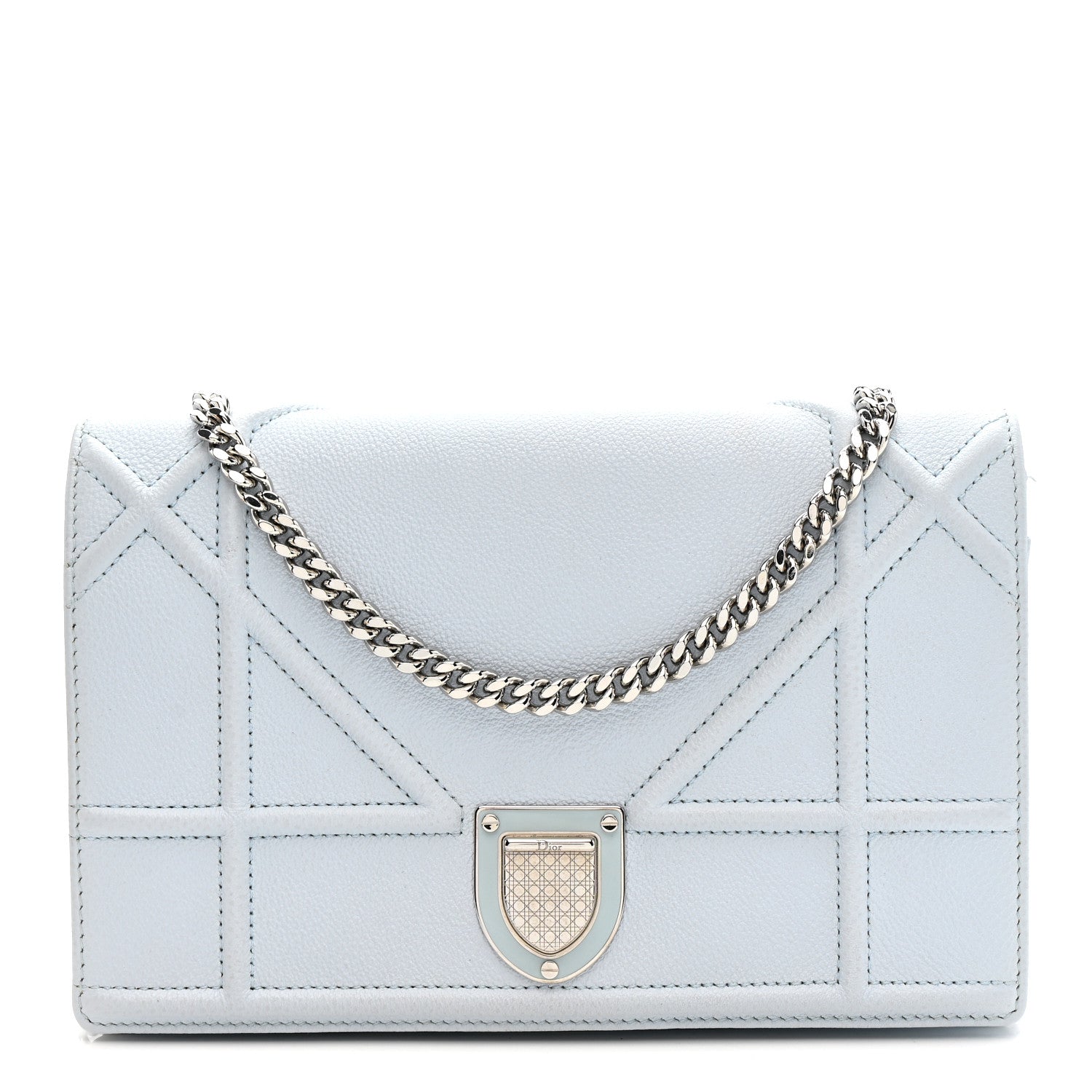 Christian Dior Grained Calfskin Diorama Wallet on Chain Pouch Light Blue 1 of 15