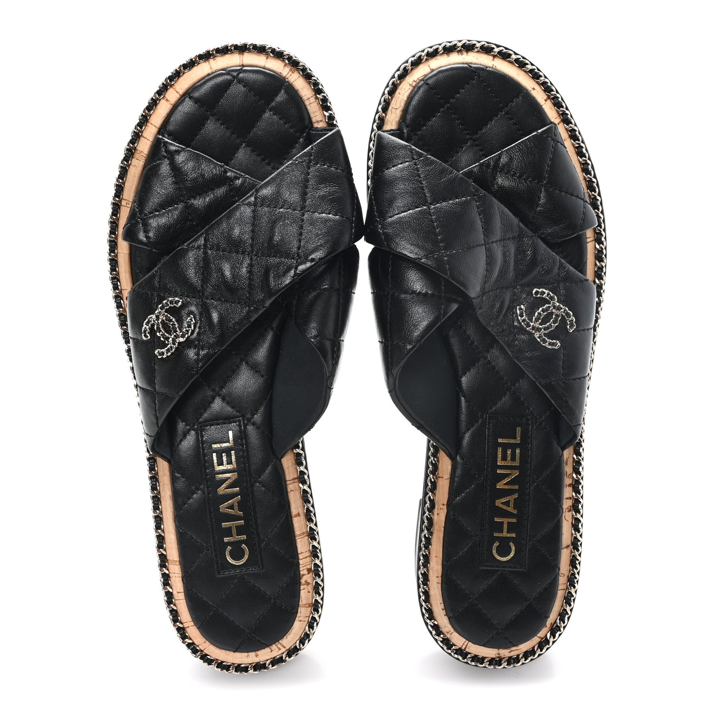 Lambskin Quilted Chain CC Sandals 39 Black