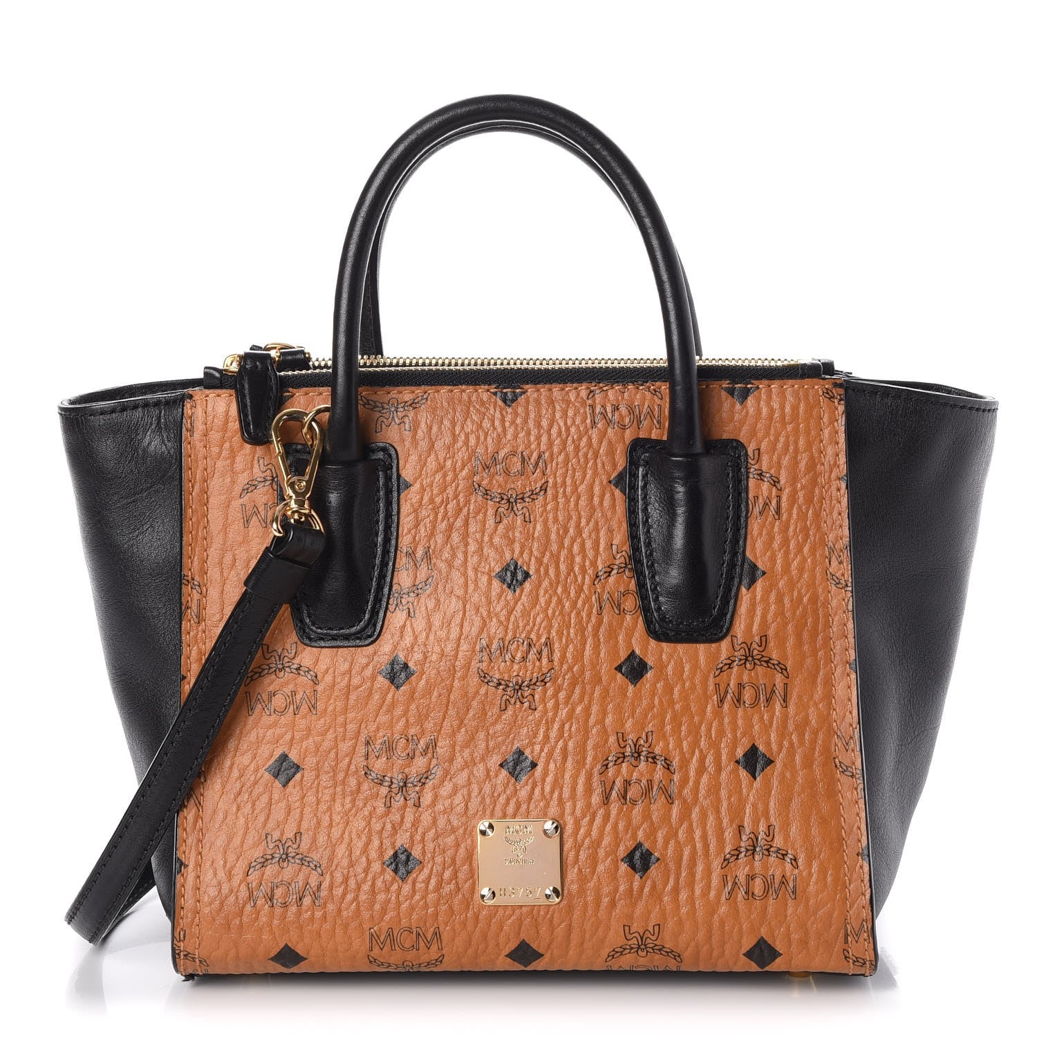 MCM Visetos Small Kathy Double Zip Tote Cognac Black 1 of 20