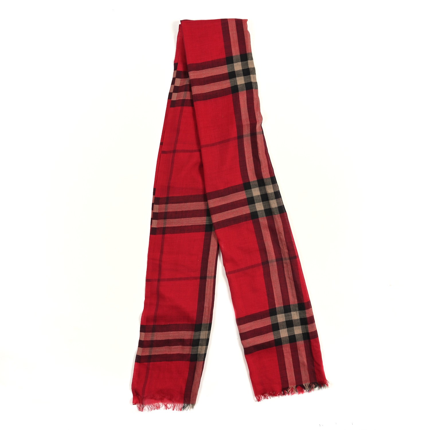 Burberry Wool Silk Giant Check Fringe Scarf Red 2 of 3