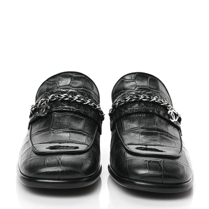 Chanel Calfskin Crocodile Embossed Low Heel CC Chain Mocassin Loafers 38 Navy Black 2 of 8