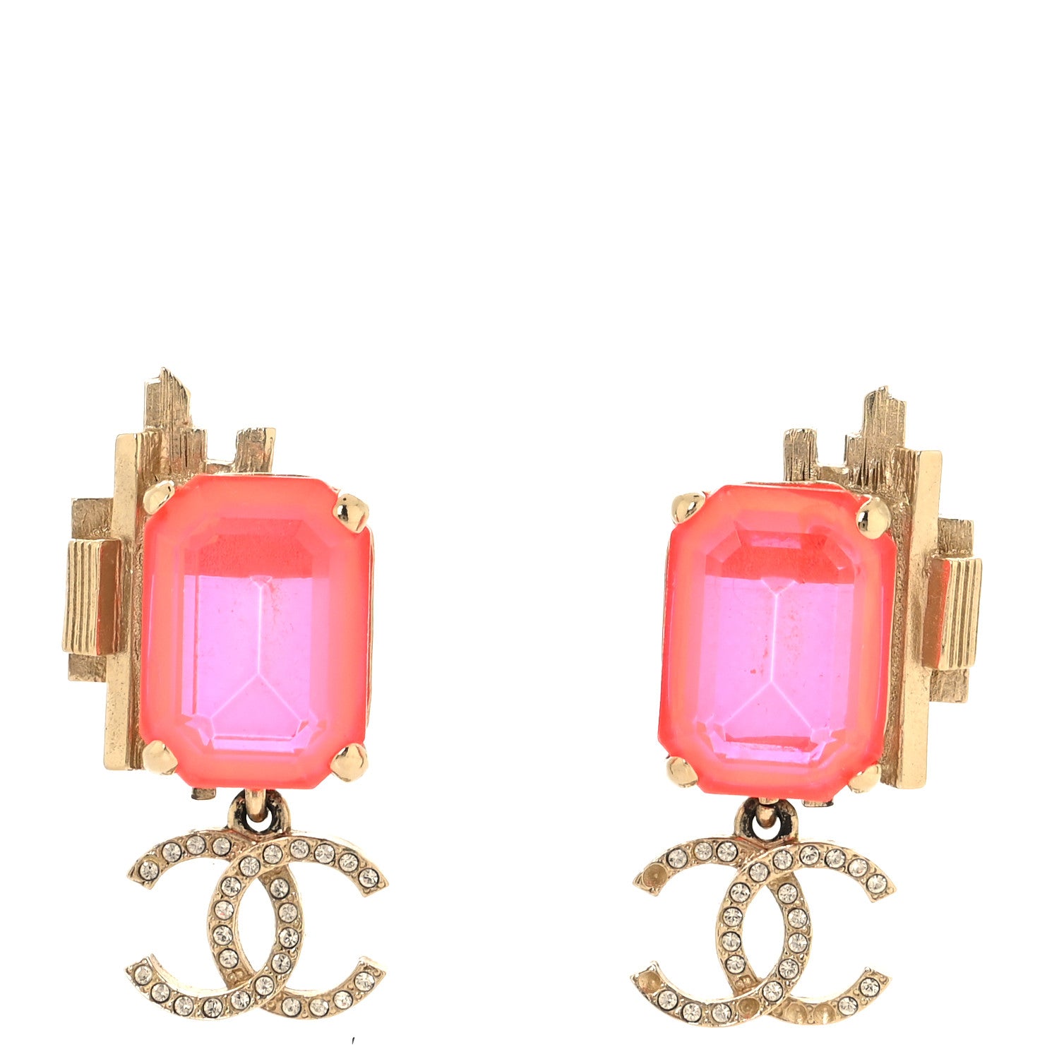 Chanel Metal Crystal CC Earrings Gold Pink 1 of 6