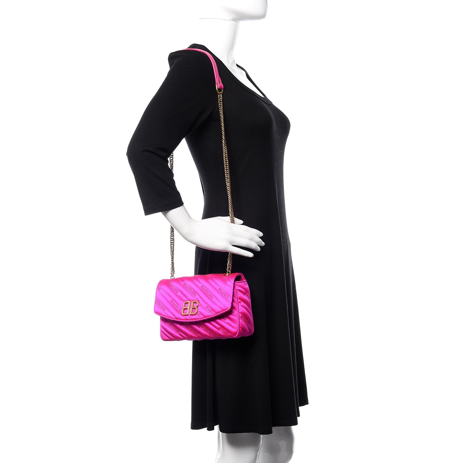Balenciaga Satin Jacquard Logo Matelasse BB Chain Wallet Fuchsia 2 of 9