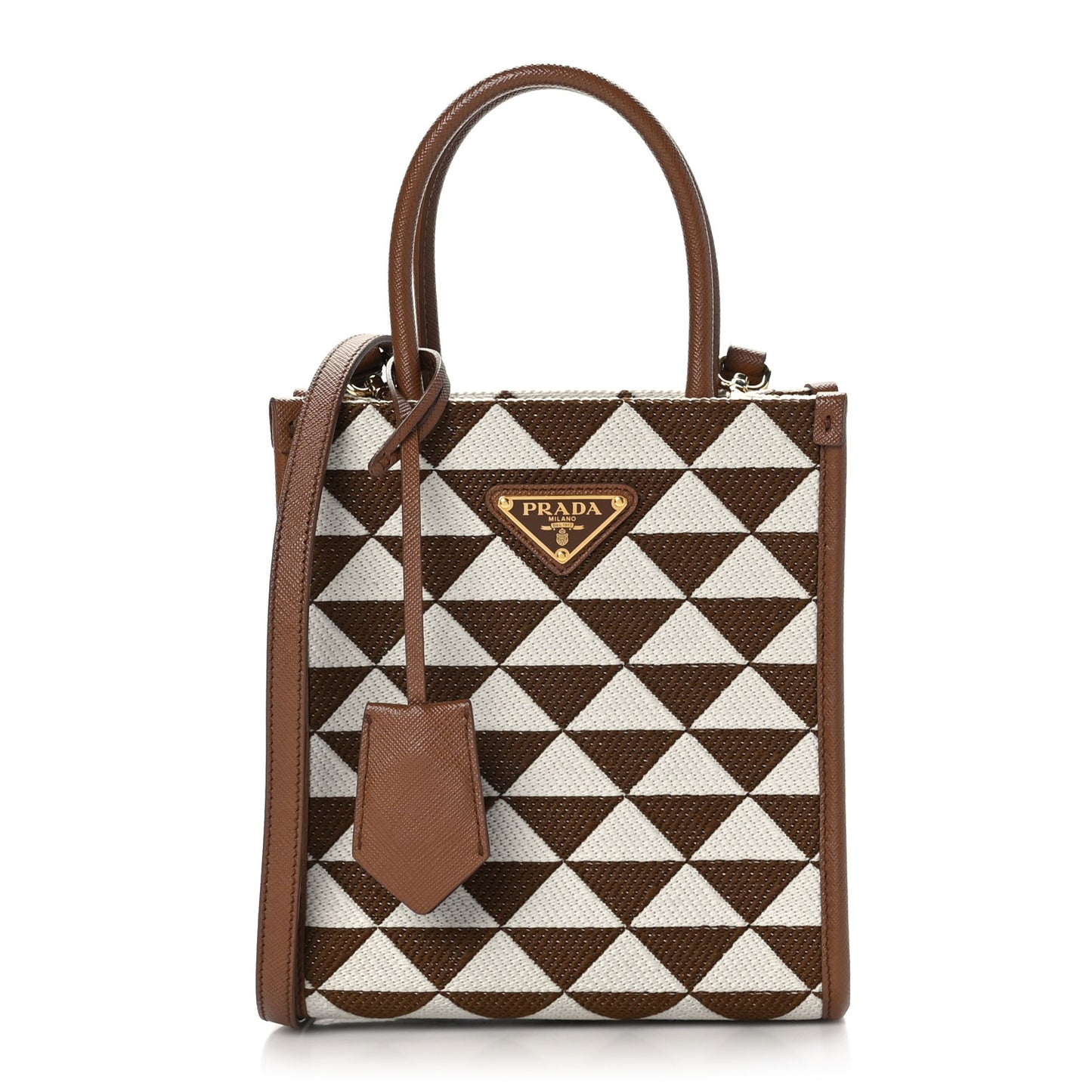 Jacquard Saffiano Triangolo Symbole Embroidered Micro Tote Tobacco Talco