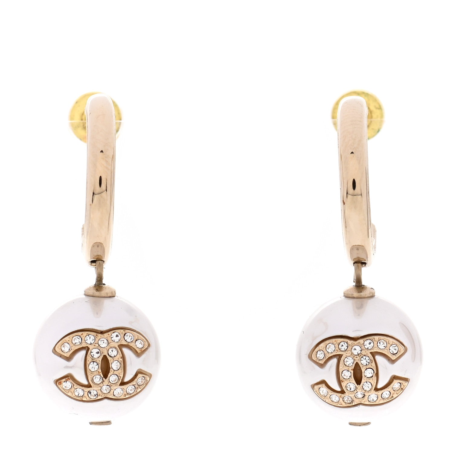 Chanel Pearl Crystal CC Drop Earrings Gold Pearly White 1 of 5