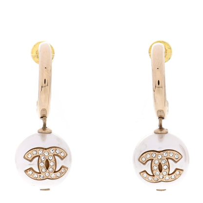 Chanel Pearl Crystal CC Drop Earrings Gold Pearly White 1 of 5