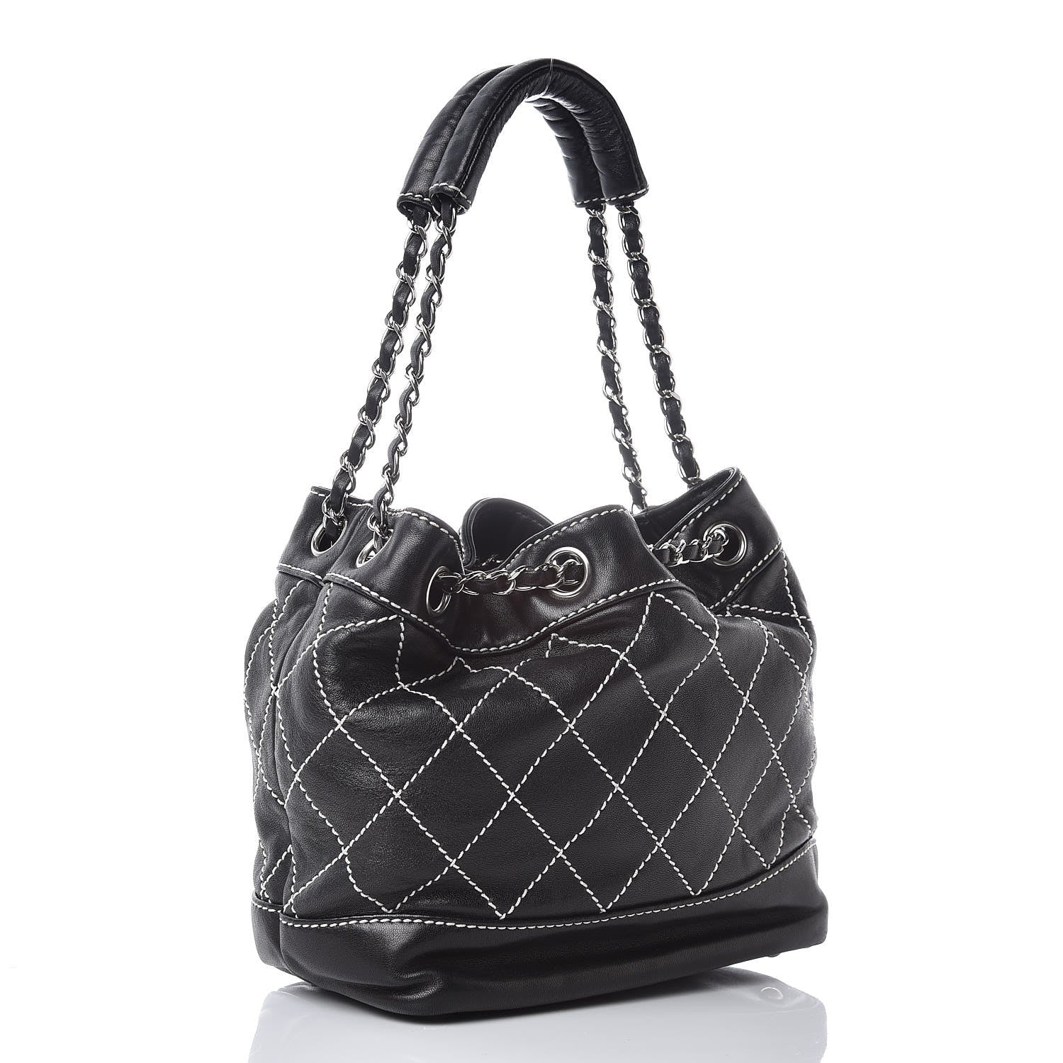 Chanel Lambskin Contrast Stitch Small Drawstring Tote Black 2 of 5